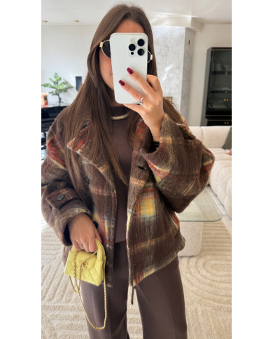 Veste épaisse à carreaux avec poches choco & jaune