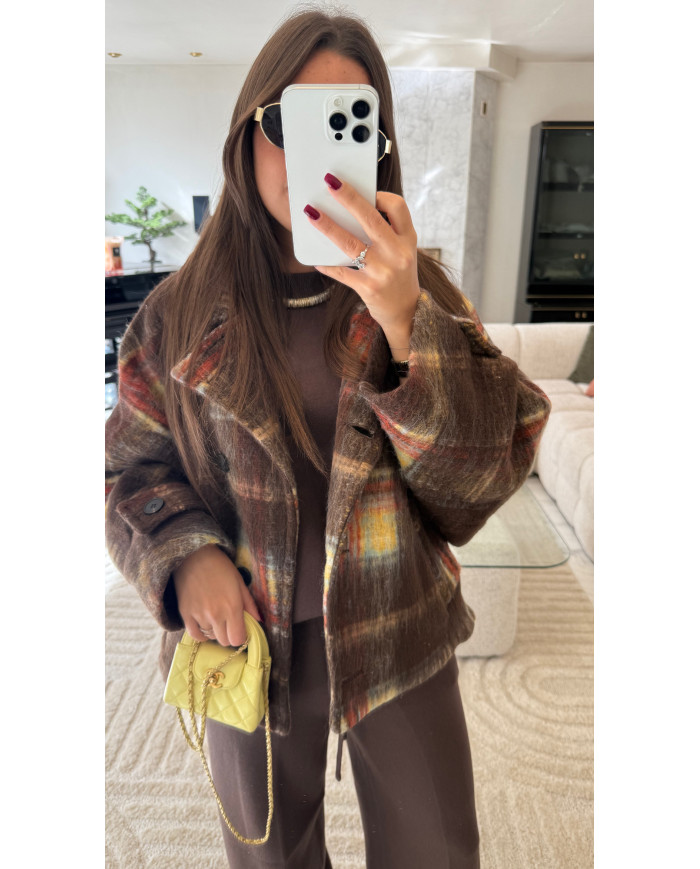 Veste épaisse à carreaux avec poches choco & jaune