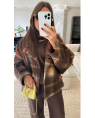 Veste épaisse à carreaux avec poches choco & jaune