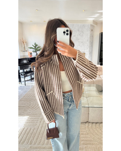 Veste Gilet Rayures Taupe & blanc