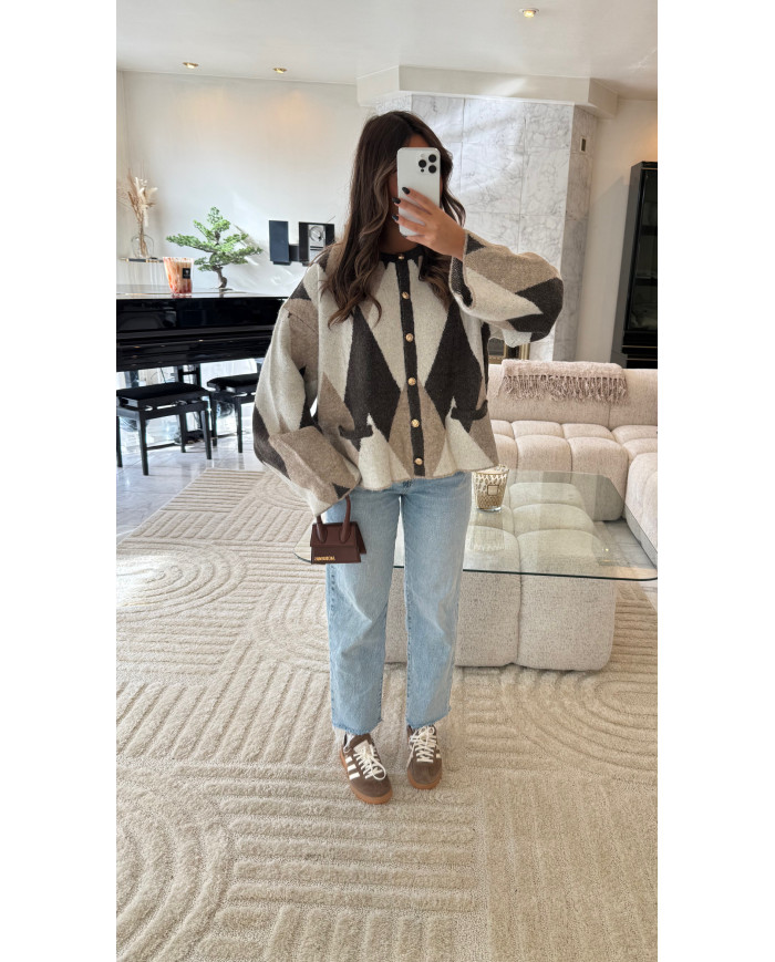 Cardigan losange taupe & choco