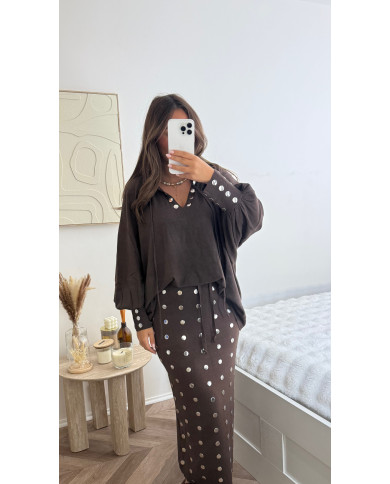 Pull V clouté Choco