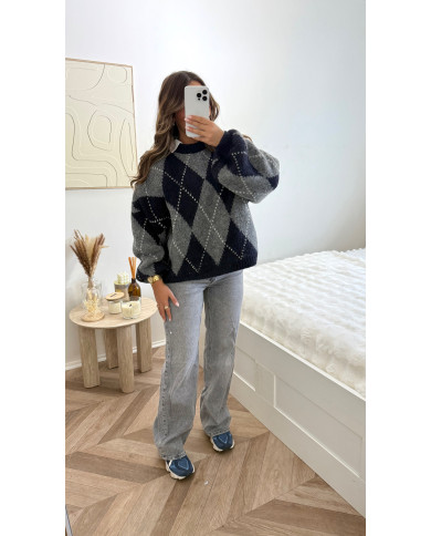 Pull losange bleu marine & gris