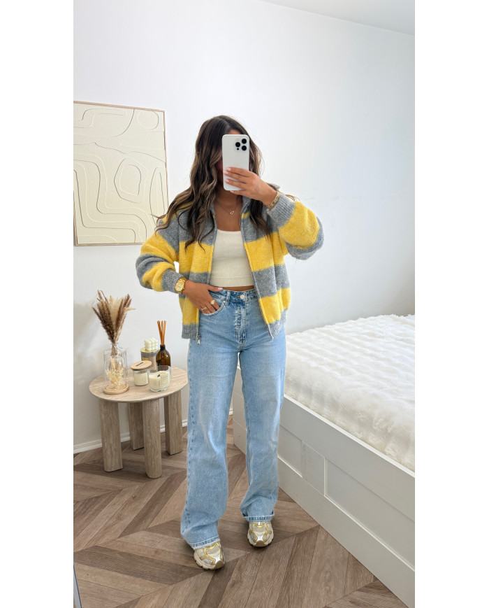 Gilet maille marin gris & jaune