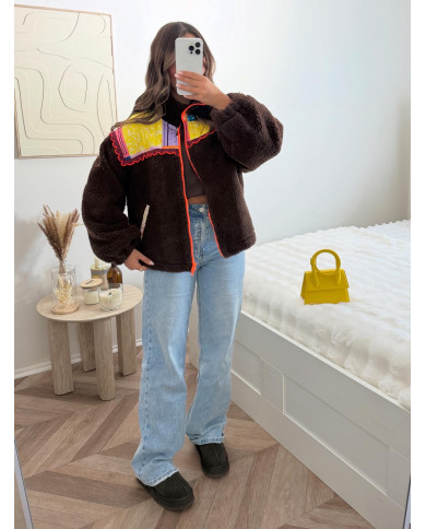 Veste moumoute choco & fluo