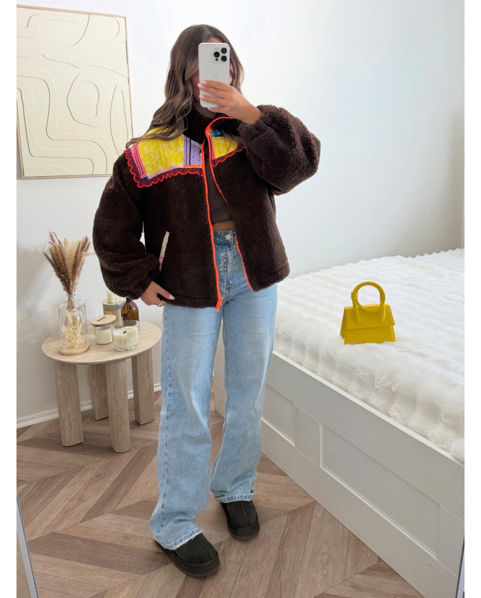 Veste moumoute choco & fluo