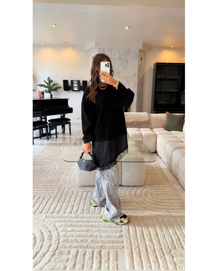 Pull bi matière noir & dentelle précommande