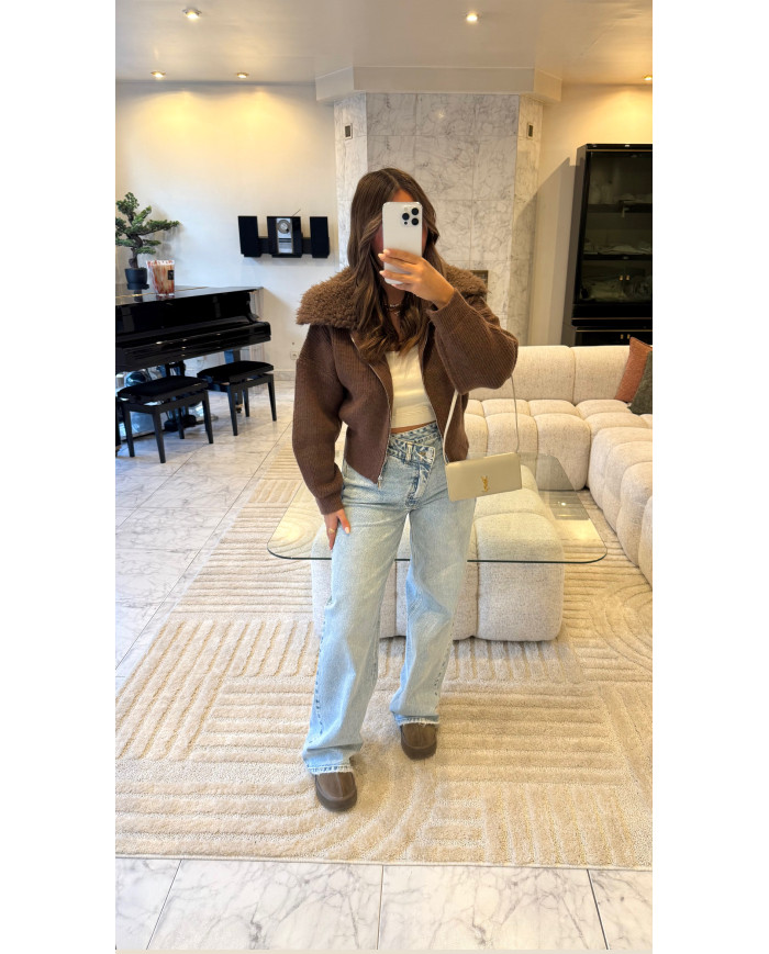 Gilet zip marron col froufrou