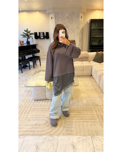 Pull Bi matière Gris & dentelle