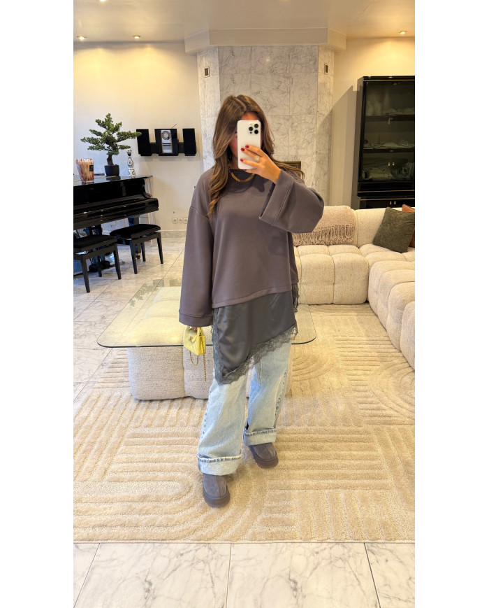 Pull Bi matière Gris & dentelle