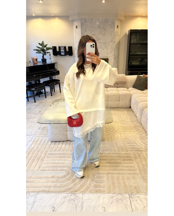Pull Bi matière blanc & dentelle