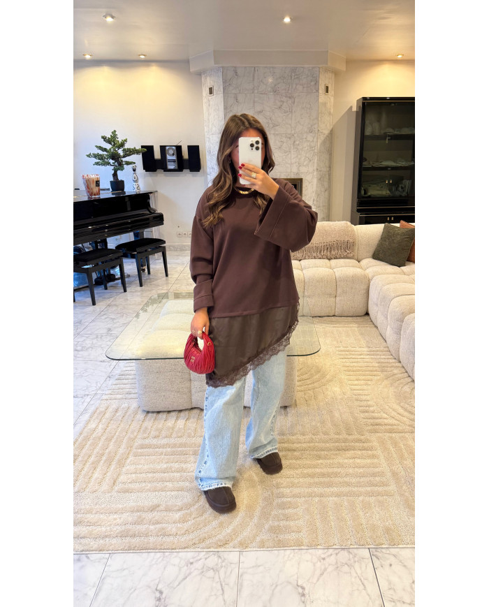 Pull Bi matière Choco & dentelle