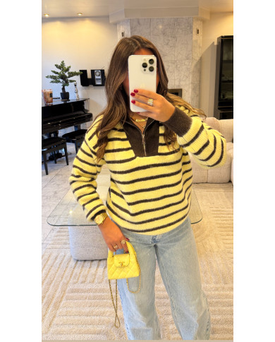 Pull Zip marin Choco & jaune