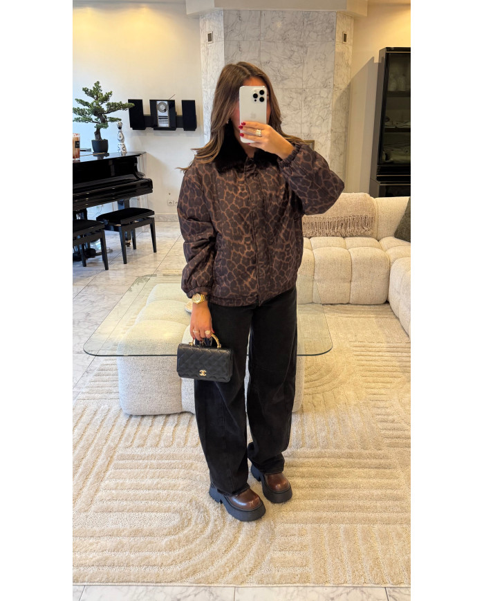 Veste imperméable léopard col fourrure