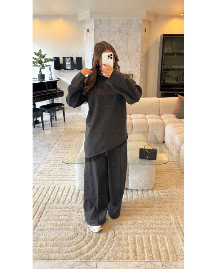 Ensemble jogging sweat bi matière dentelle noir anthracite