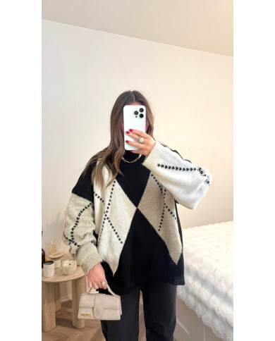 Pull losange noir & beige