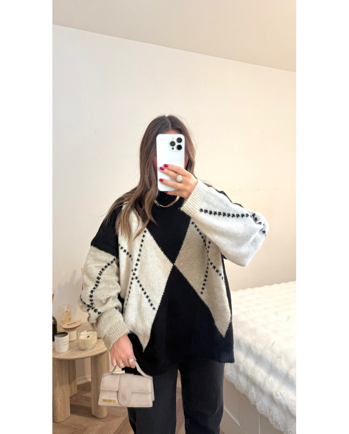 Pull losange noir & beige