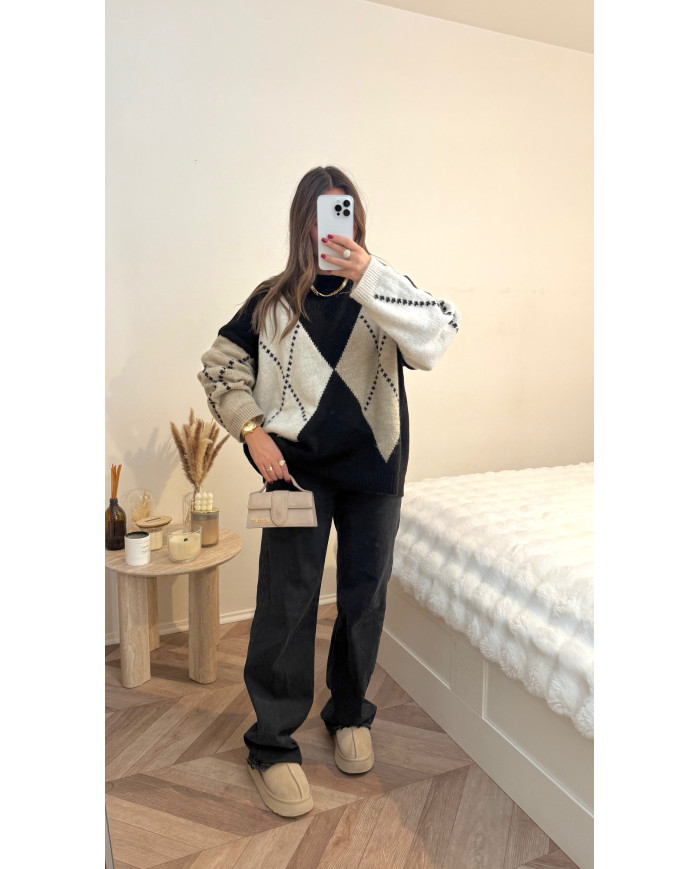 Pull losange noir & beige