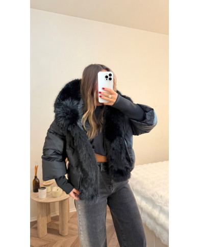 Doudoune noir à capuche fourrure amovible