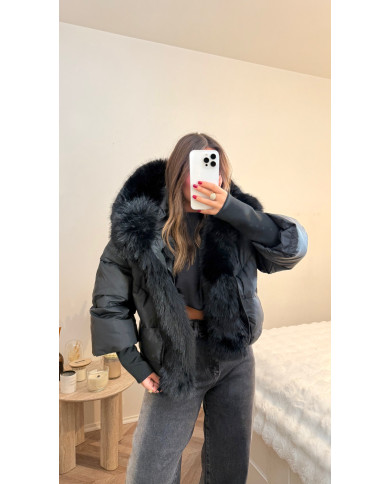 Doudoune noir à capuche fourrure amovible