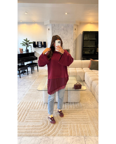 Pull bi matière bordeaux