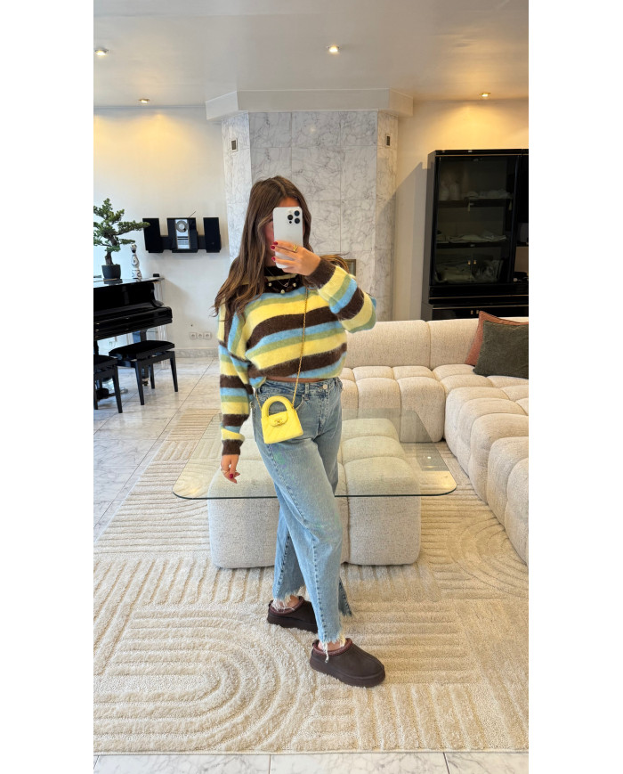 Pull rayé tricolore Choco/Jaune & Bleu précommande
