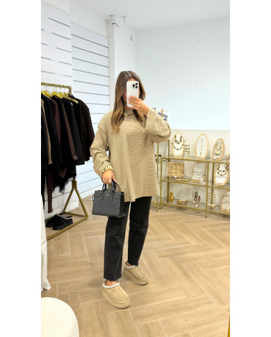 T-shirt Polaire Rayé Taupe