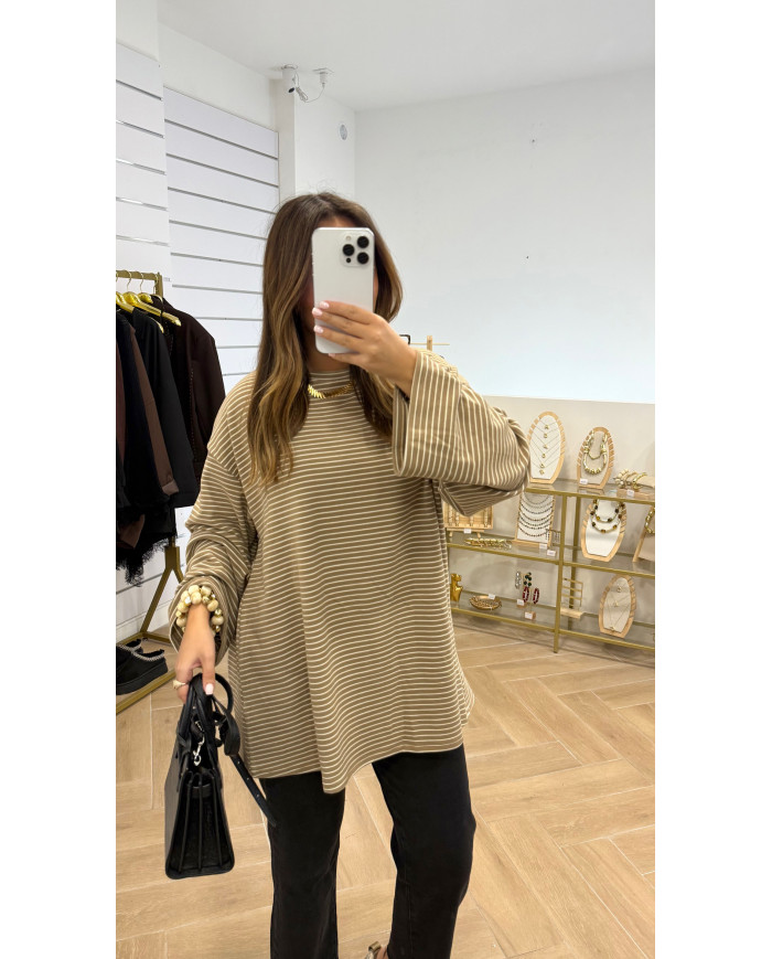 T-shirt Polaire Rayé Taupe