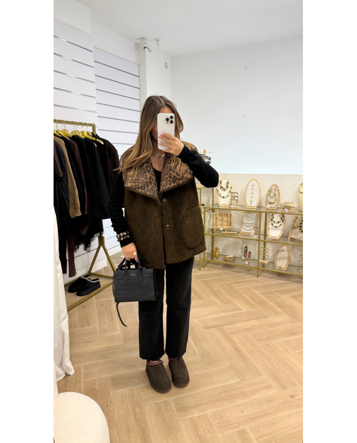 Veste sans manches réversible léopard & brown