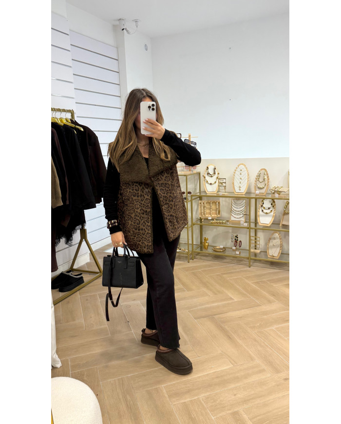 Veste sans manches réversible léopard & brown