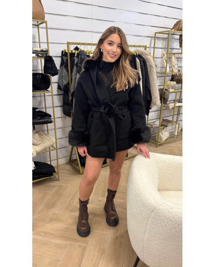 Manteau Laine à fourrure Noir
