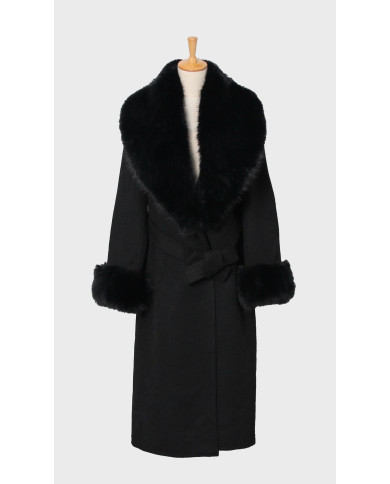 Manteau long laine & fourrure Noir
