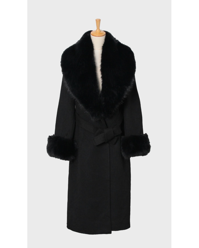 Manteau long laine & fourrure Noir