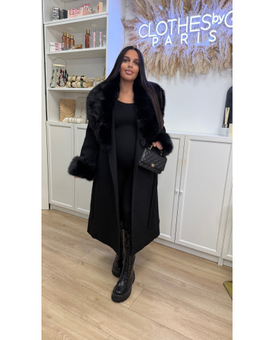 Manteau long laine & fourrure Noir