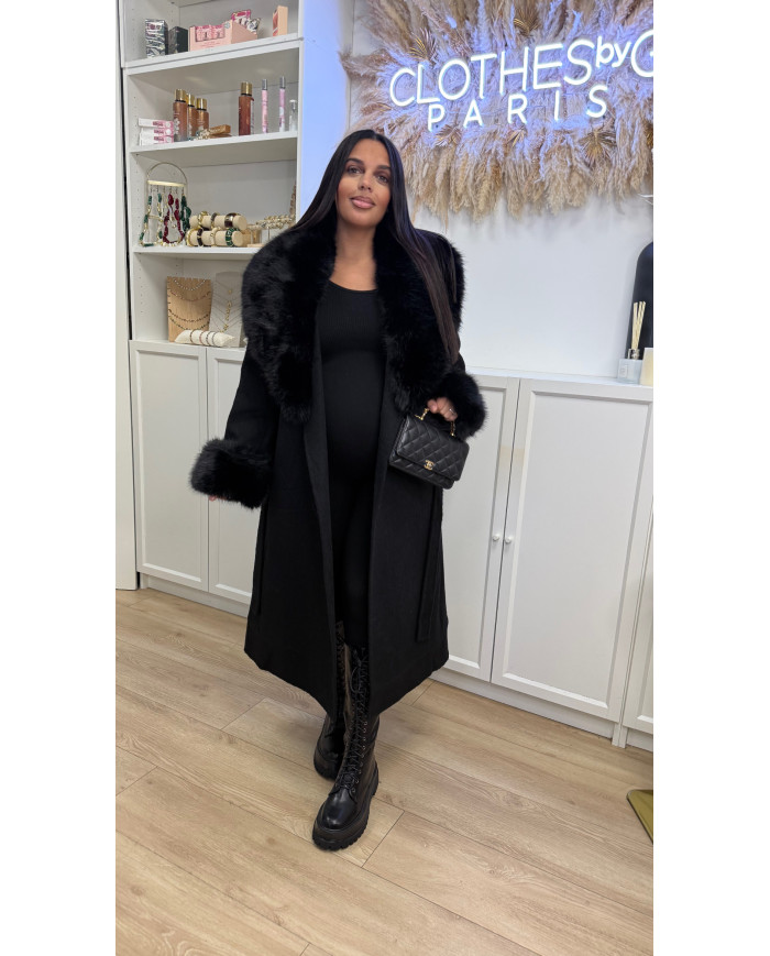 Manteau long laine & fourrure Noir