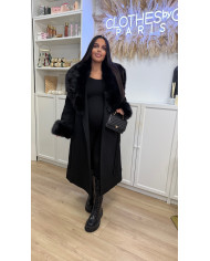 Manteau long laine & fourrure Noir