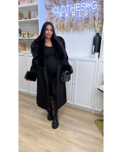Manteau long laine & fourrure Noir