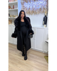 Manteau long laine & fourrure Noir