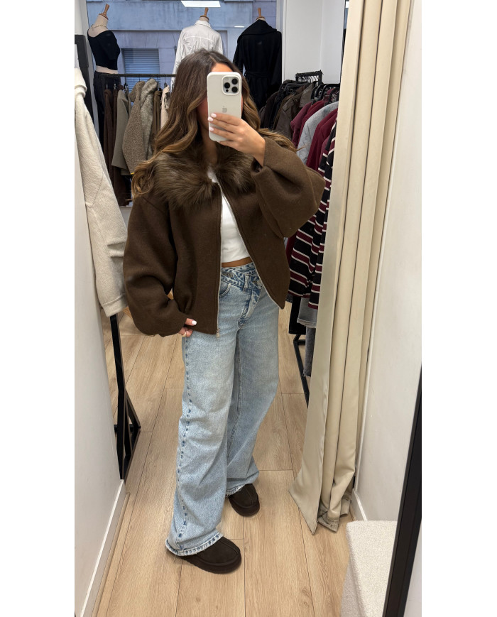 Veste aviateur col fourrure choco