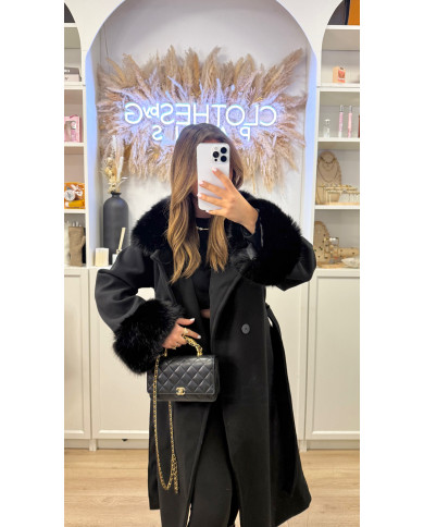 Manteau Trench col fourrure & manches noir