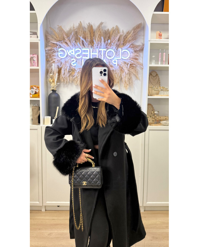 Manteau Trench col fourrure & manches noir