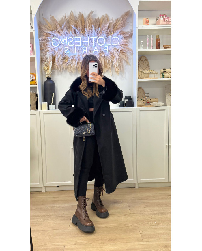 Manteau Trench col fourrure & manches noir
