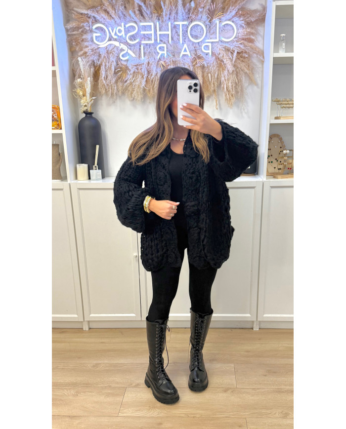 Gilet crochet Hand Fleurs noir