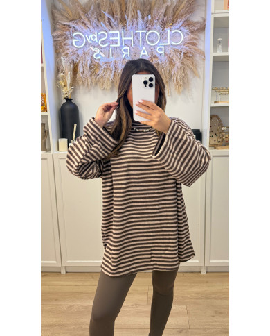 Pull Polaire Rayé beige & Choco