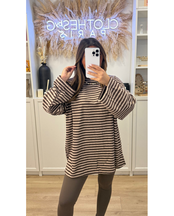 Pull Polaire Rayé beige & Choco