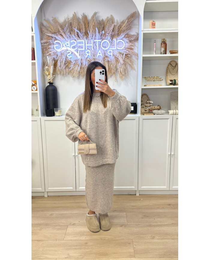Ensemble jupe en maille beige