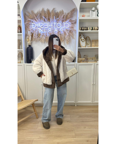 Veste Fourrure Bicolore à capuche beige & marron