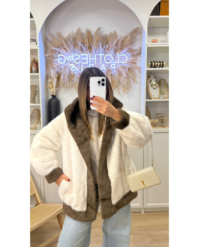 Veste Fourrure Bicolore à capuche beige & marron