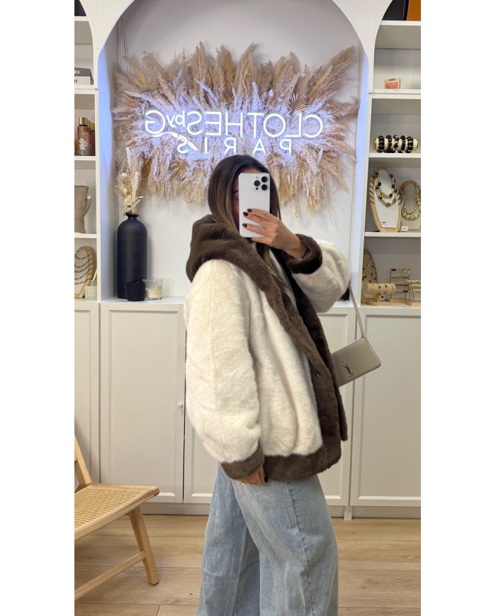 Veste Fourrure Bicolore à capuche beige & marron