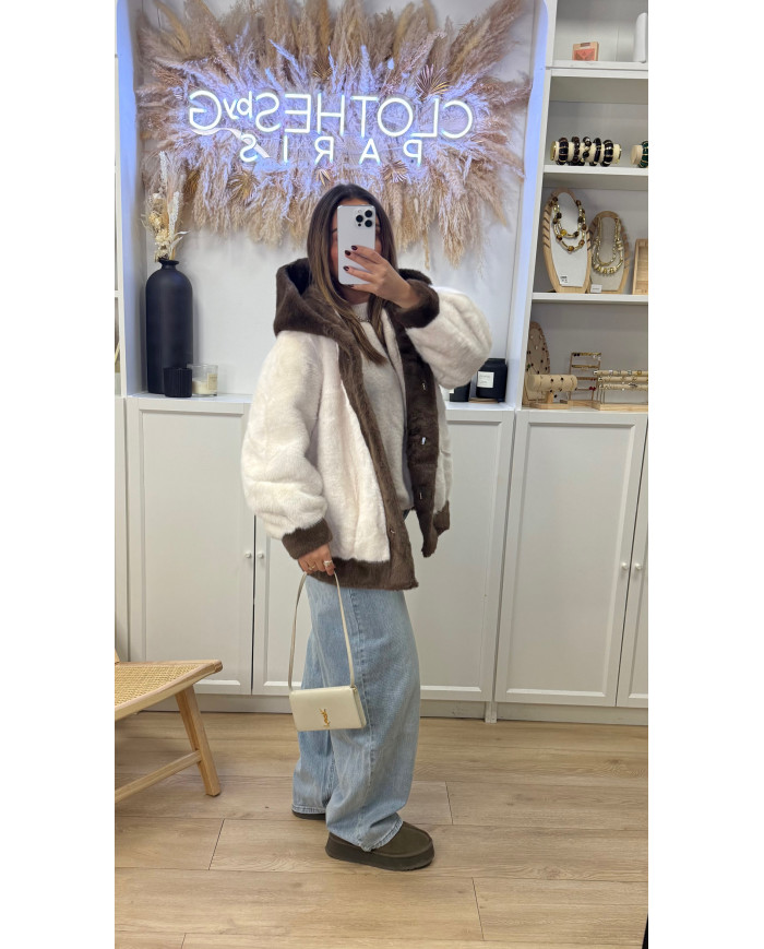Veste Fourrure Bicolore à capuche beige & marron